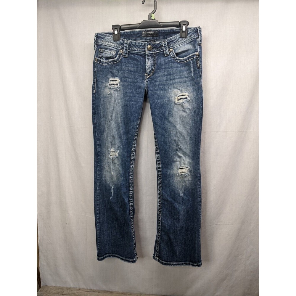 Silver Blue Jeans Pioneer Boot Cut Low Rise Dark Wash W 32 L 31 Distressed